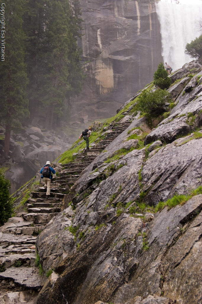 Climbing up the Misty Trail in Yosemite, toward Half-Dome.